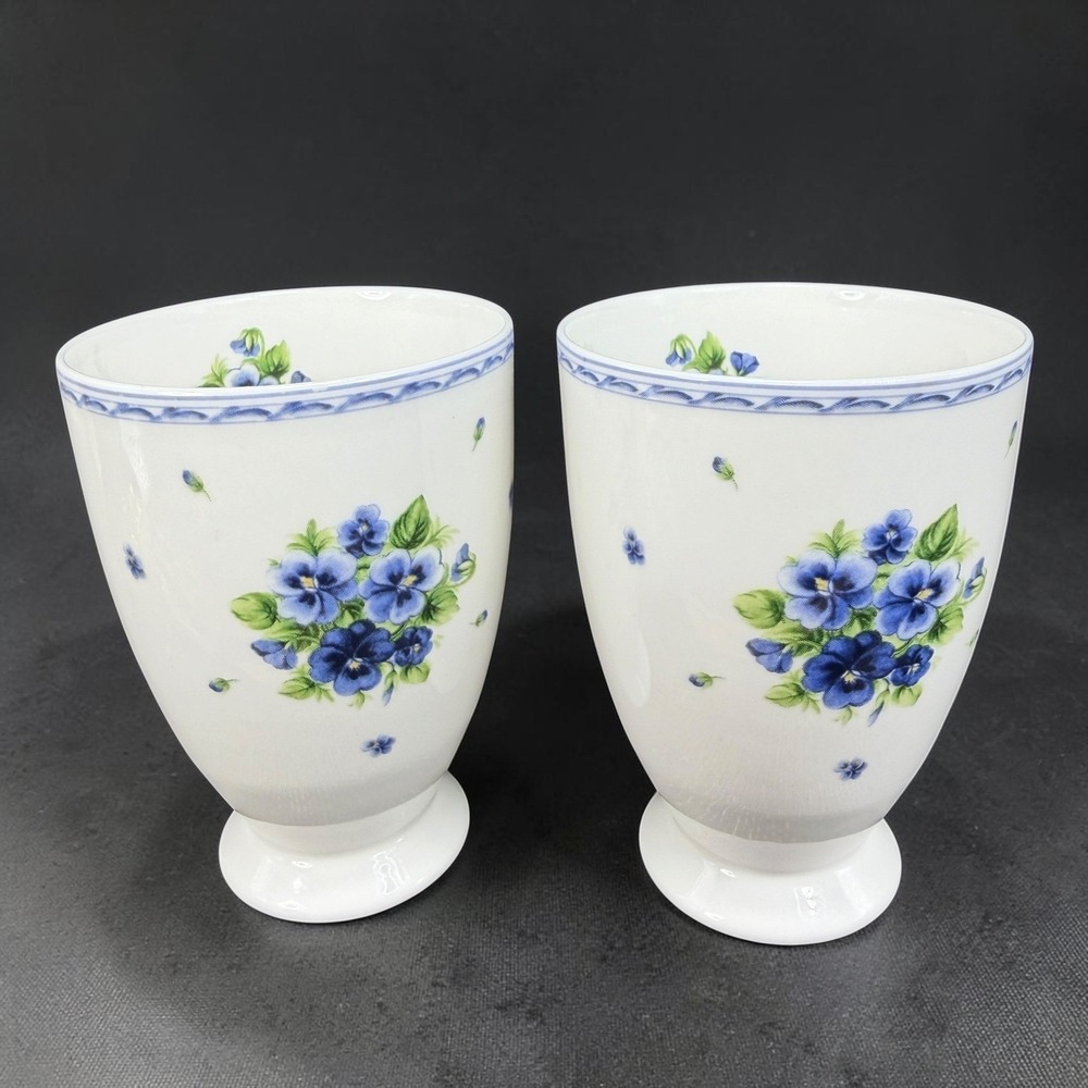 Hankook Fine Bone China Pansy Footed Tumblers Set of 2 Blue Purple Floral 4‎ in